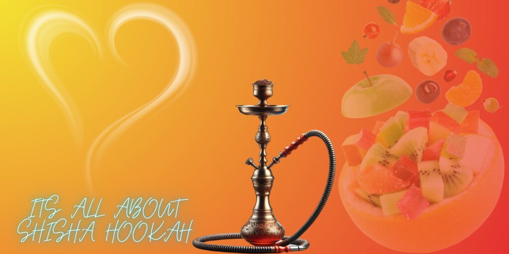 An image explaining the whole concept of Shisha hookah in a way that a dark brown medium size hookah placed in the center of the page reflecting hot red light of burning charcoal and having delightful fruits image giving the flavored tobacco concept with a hot red to orange fire color background on the right side and flying smoke making a heart shape on top of the website slogan "it's all about shisha hookah" on the left side with a diminishing fire yellow color in the background.