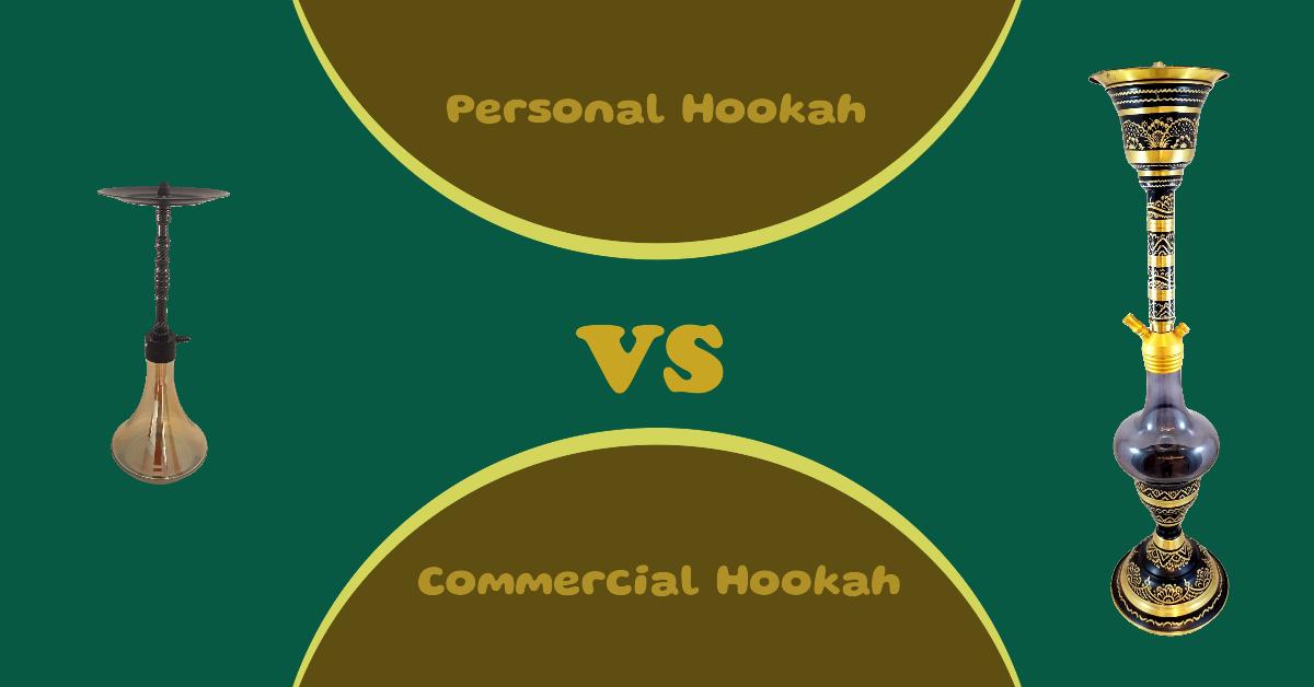 the image is giving the concept of difference between personal shisha vs commercial shisha with a dark green, brown color and yellow gold lining.
